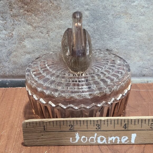Vintage Cut Panel Glass Swan Lid Covered Powder Dish Trinket Box Vanity Jar - Picture 10 of 11